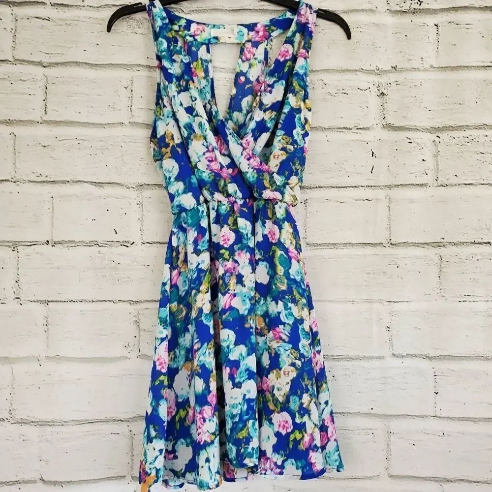 Lush Blue Floral Sleeveless Faux Wrap Dress